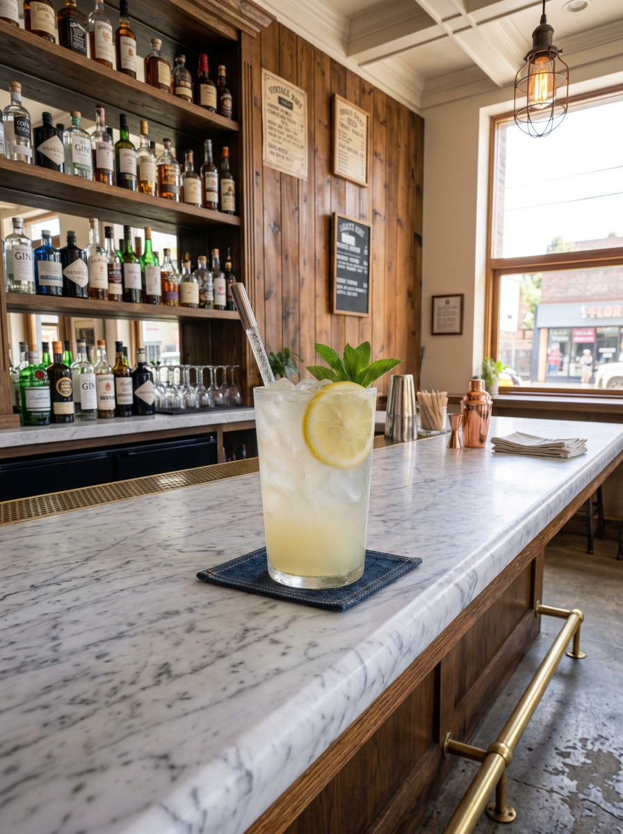 Glass of iced lemon mint drink with mint sprig and lemon slice on marble countertop